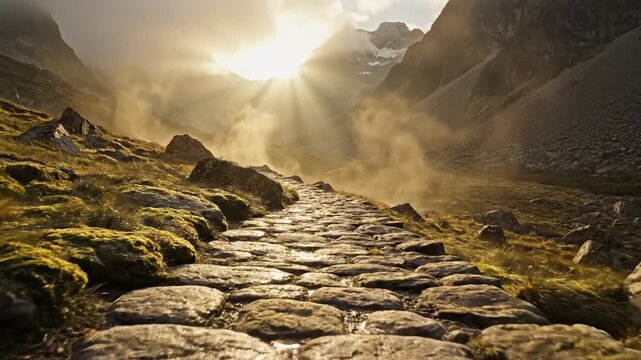 Solitary ancient stone path winds through misty alpine valley at sunrise