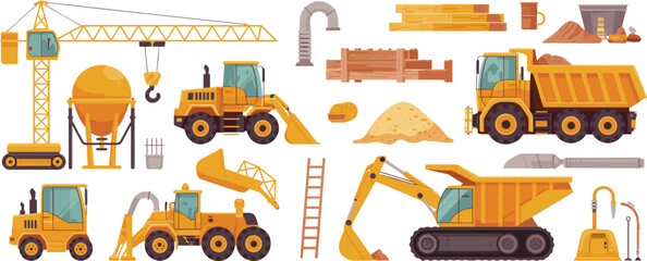 Construction equipment and heavy machinery vector set with crane, excavator, loader, dump truck and building materials illustration © SreeRupali