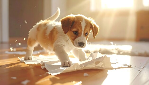 A playful puppy shredding paper on a wooden floor