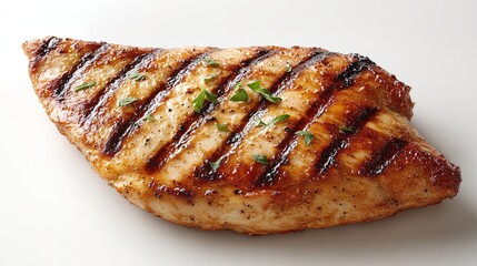 Fototapeta premium A perfectly grilled chicken breast seasoned with pepper and garnished with fresh green herbs sits on a clean surface