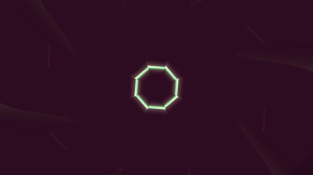 A geometric octagonal shape illuminated with a neon glow on a dark, swirling background, evoking a sense of mystery and digital art