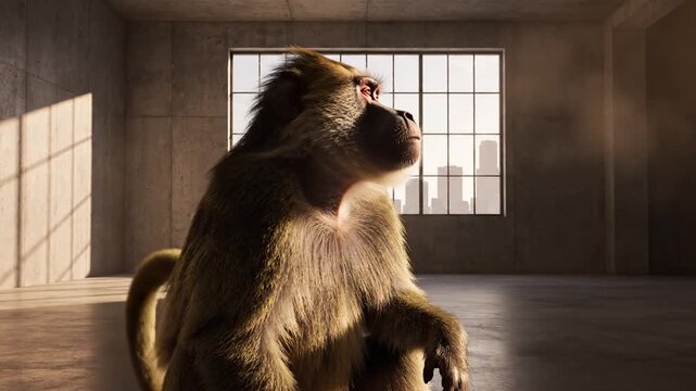 Solitary monkey sits contemplatively inside dim industrial space with large window and city skyline