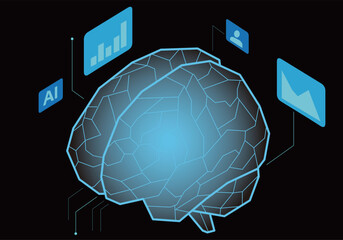 AI・人工知能の概念 脳のアイソメトリックイラスト ビジネス・テクノロジー背景