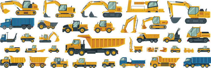 Isometric construction vehicle collection featuring excavators, dump trucks, loaders and heavy machinery equipment for industrial building and mining operations © Vector's World