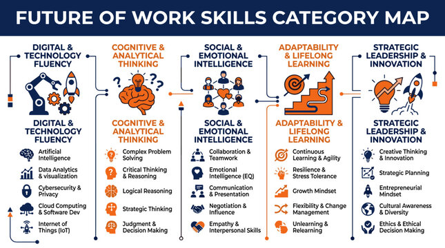 Future of Work Skills Category Map Infographic Vector &mdash; Digital Technology Fluency, Cognitive Analytical Thinking, Social Emotional Intelligence, Adaptability Learning, Strategic Leadership Innovation