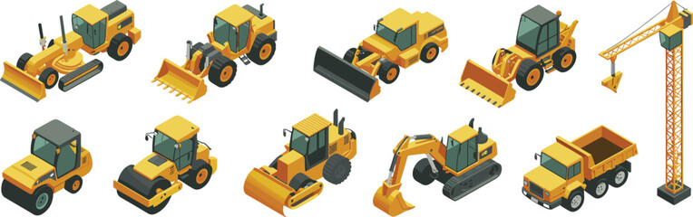 Isometric heavy construction machinery set featuring excavator, bulldozer, loader, road roller, crane and dump truck vector illustration © Vector's World