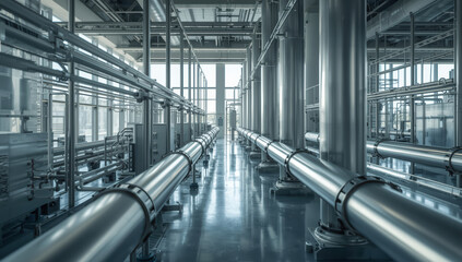 Obraz premium Stainless steel pipeline corridor industrial production hall with reflective floor and columns