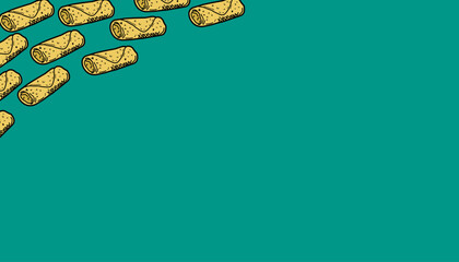 Spring Roll background Pattern. Asian Lumpia Repeating Motif. Hand Drawn Outline Illustration. Monochrome And Color Variations. Street Food Textile Packaging Design.