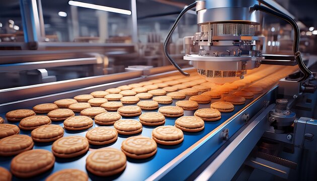 automated cookie production line with cream filling process