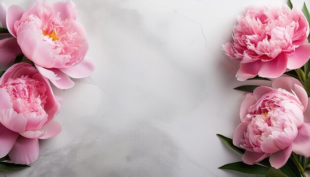 beautiful pink peony flowers on white stone table with copy space for your text top view and flat lay style