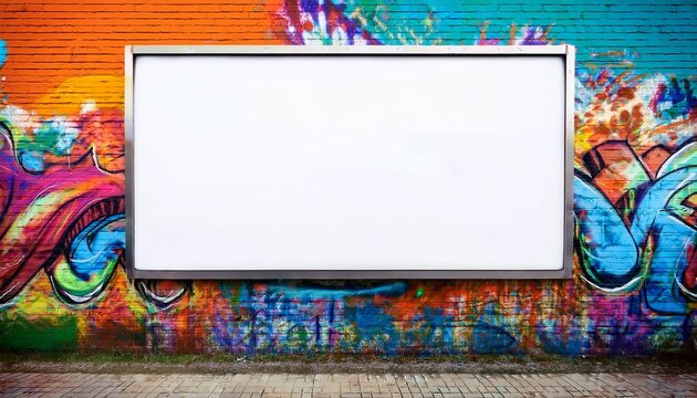 blank billboard on a brick wall covered in vibrant graffiti art ready for advertising