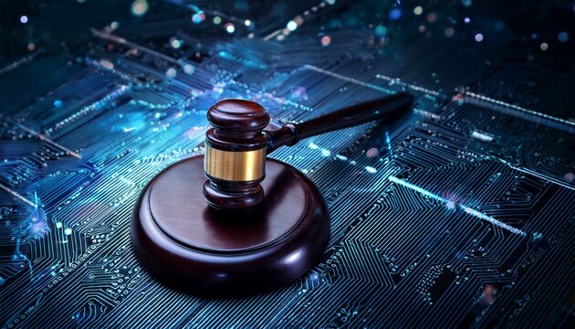 digital justice a gavel rests confidently within the abstract matrix of digital data and circuitry