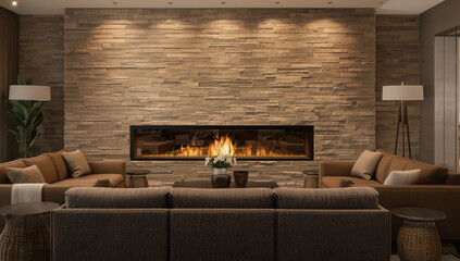 Fototapeta premium Modern living room with linear fireplace, warm stone wall and cozy seating arrangement