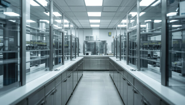 Clean modern food laboratory with stainless steel counters and glass cabinets conveying clinical