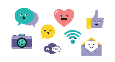 Minimal flat vector of social media and communication icons with expressive faces, trendy colors, white backdrop