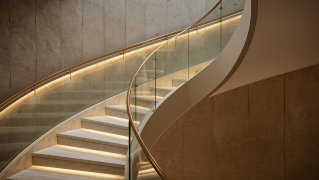 Elegant curved staircase with warm LED lighting and glass railing, modern serene interior