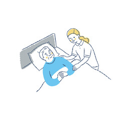 Plakat ベッドに寝ているシニア男性と介護している女性