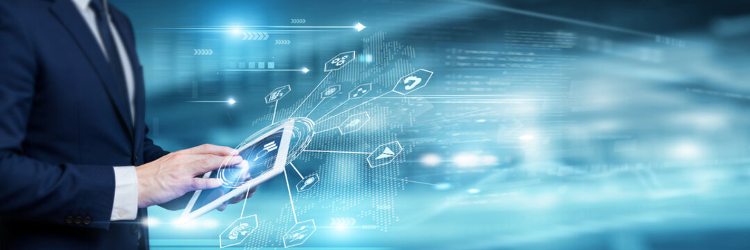 Businessman analysing data science metrics and global analytics network on tablet device, machine learning, statistical modeling, big data processing.