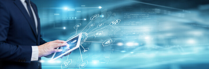 Businessman analysing innovation technology data and global network system on tablet device, digital solutions, R&D analytics, emerging technology, tech industry performance. © Shevon