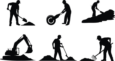 Construction worker silhouettes digging soil with shovel and rake, operating excavator and heavy equipment, earthmoving roadwork vector illustration set © SreeRupali