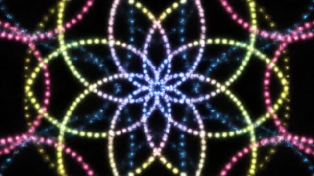 A vibrant glowing pink and purple circle appears on a dark background.