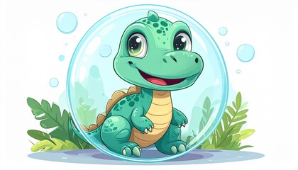 Naklejka premium A smiling cartoon turtle enclosed in a transparent bubble surrounded by lush greenery and floating in the air