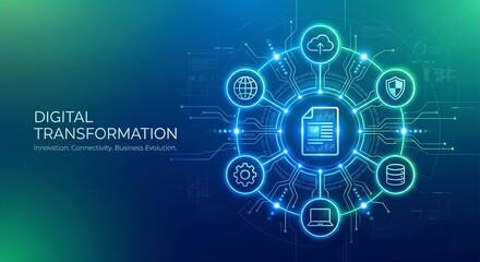 Obraz premium Digital transformation. Digitization of business processes modern technology concept on virtual screen. Disruption, innovation solutions. Robotic hand touching digital interface. Vector illustration