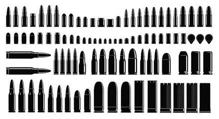 Black, silhouette, set, of, various, ammunition, bullets, and, gun, cartridges, isolated, on, white, background, for, military, shooting, and, weapon, designs, © Hello World
