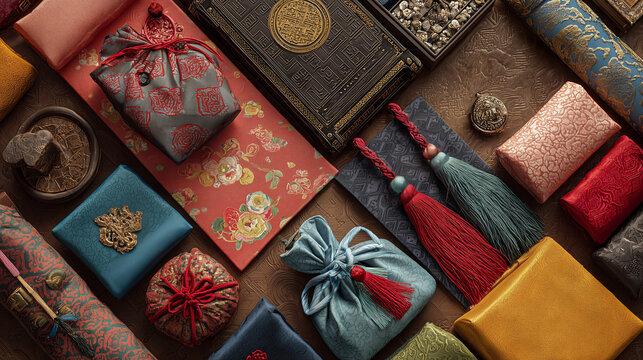 Top view of various Korean traditional gift boxes and silk pouches