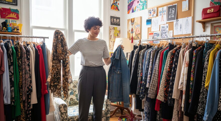 Obraz premium Woman Browsing Through Colorful Clothing Racks in a Bright Room