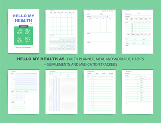 Health Planner Set. Printable Planner A5 Pages including meal and workout tracking, daily and monthly planners, habits and symptoms logs, supplements and medication trackers for wellness.
