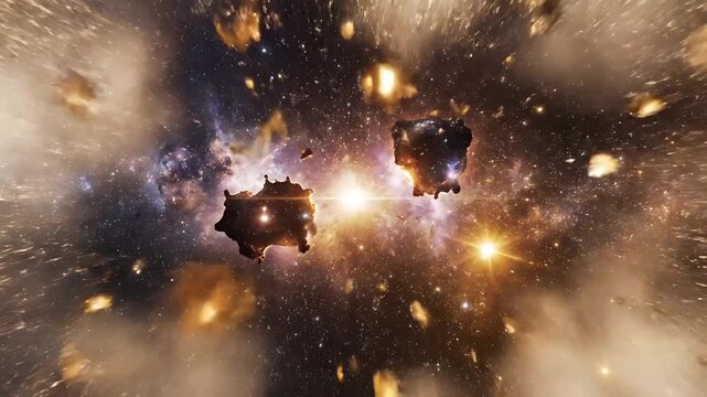 An explosive cosmic event showcases colliding celestial bodies and a vibrant galaxy in a visually captivating display