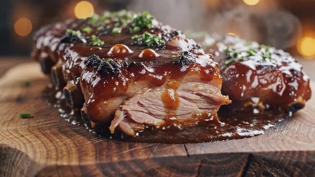 Delicious barbecue pork ribs glazed with rich sauce and fresh herbs steaming