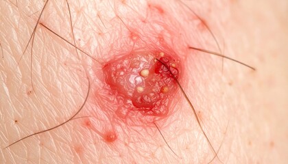 Close-up of an inflamed skin lesion, possibly an infected ingrown hair or boil, showing redness and pus.