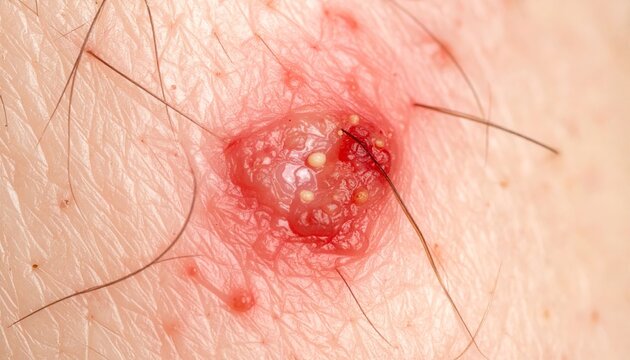 Close-up of an inflamed skin lesion, possibly an infected ingrown hair or boil, showing redness and pus.