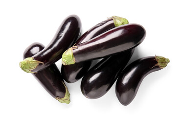 Many fresh ripe eggplants on white background