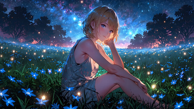 Anime girl sitting in a flower meadow at night with glowing fireflies and starry sky.