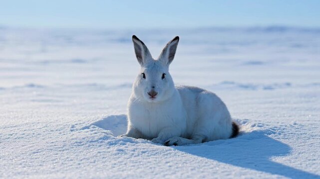 Arctic Hare Resting in a Snowy Burrow Hidden Shelter on Frozen Tundra.