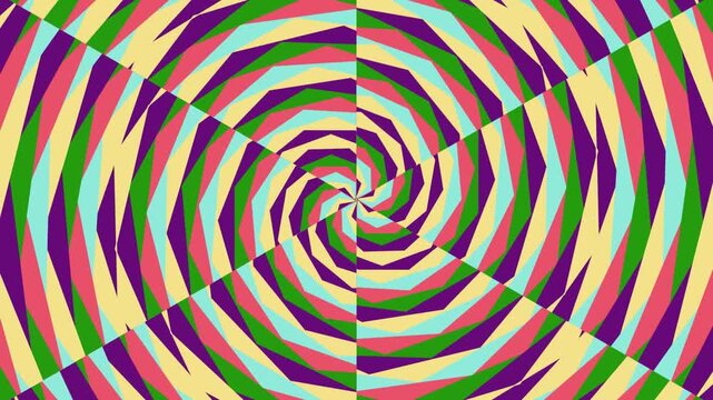 Vibrant hypnotic spiral animation with colorful geometric patterns and optical illusion