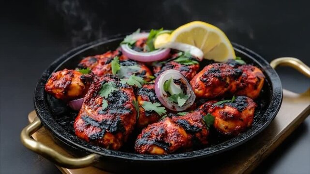 Steaming chicken tikka sizzler dish with lemon slices, red onion, and cilantro on a hot cast iron plate, showcasing a traditional indian meal.