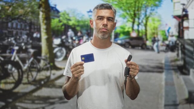Middleaged greyhair man holding creditcard and car keys on an urban street lined with bicycles, parked cars and trees; financial worry.