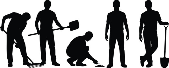 Gardener and construction worker silhouette set, men with shovel and rake tools isolated on white background vector illustration © SreePobitra