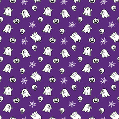 Hand drawn spooky seamless background, funny repeated halloween print with ghost, jack o lantern, skull, spider web cartoon, fun halloween pattern, haunted abstract ghost print illustration