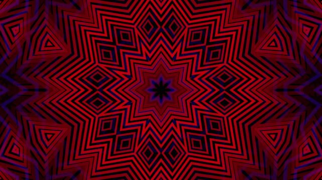 A vibrant video showcasing a mesmerizing geometric pattern with red and purple hues in a kaleidoscope design.