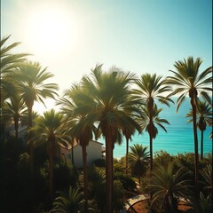 Fototapeta premium Sun-drenched oasis, ancient palms reach for sky, cerulean sea below, faded memories, mediterranean, nature
