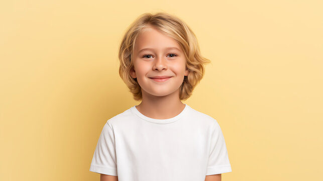 Cute blond boy in white t-shirt on yellow background with copy space