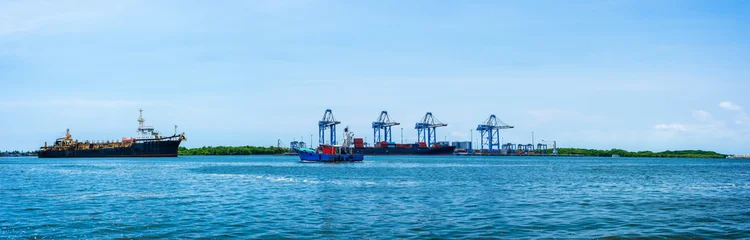 Panoramic sea view, cargo container ship and cityscapes of Kerala, India. © yotrakbutda