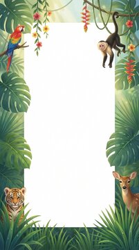 Vibrant Tropical Jungle Frame with Exotic Animals and Lush Foliage. Featuring Parrot, Monkey, Tiger, and Deer Amidst Colorful Blooms, Ideal for Invitations and Background Designs