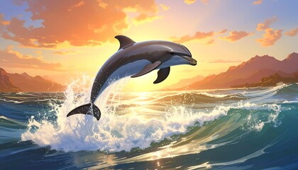 A dolphin jumps out of the ocean with sunset and mountains background