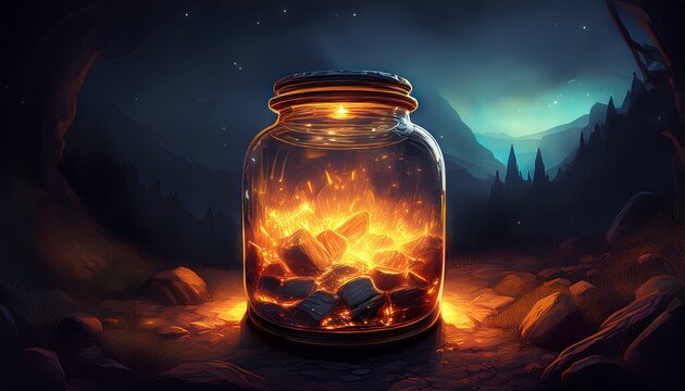 glowing jar of ember rocks embers fire mystical concept featuring jar embers fire glow mystical